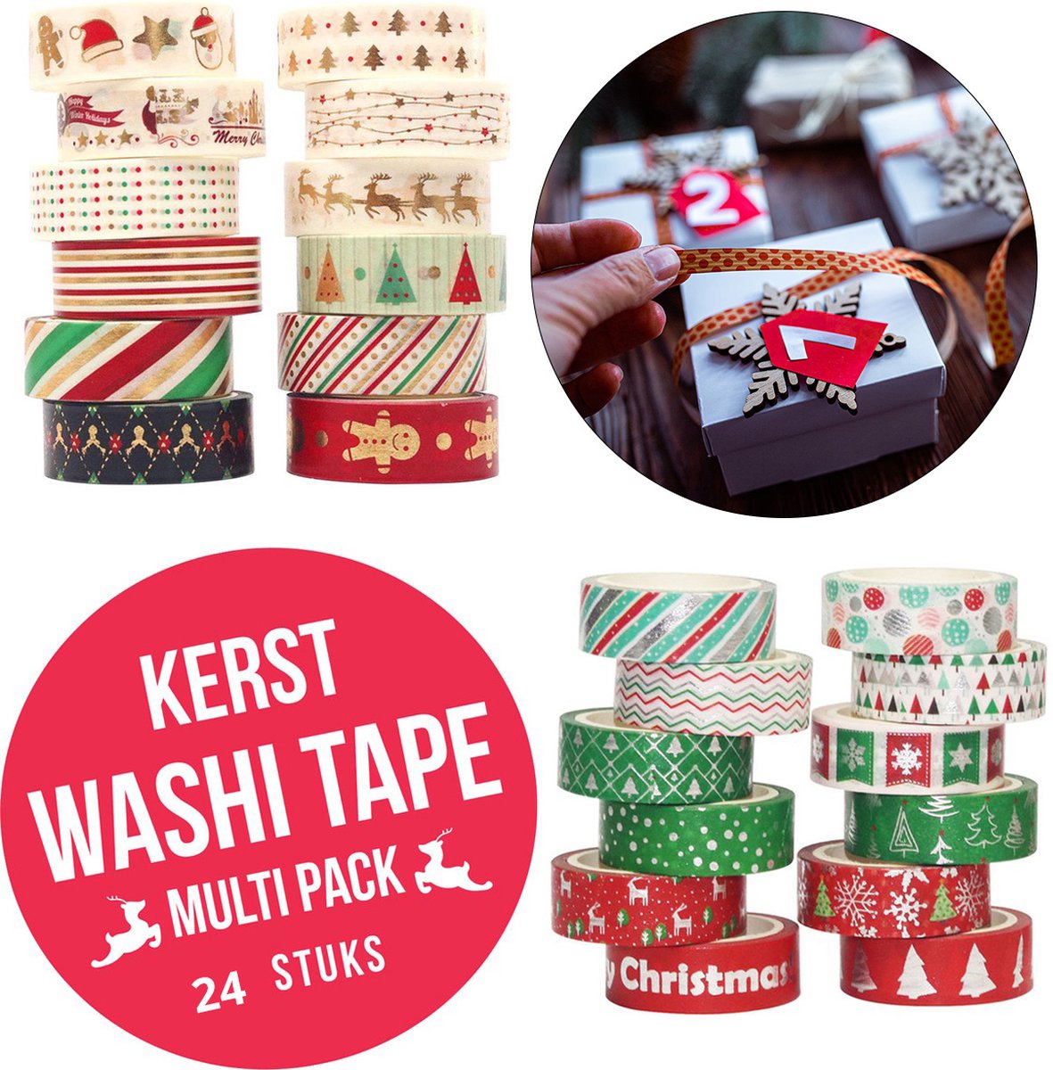 Kerst Washi Tape - Alle designs | 24 rollen | Combi Pack | Masking Tape | Decoratie | Feestdagen | Kerstmis | Creativiteit | Cadeaus